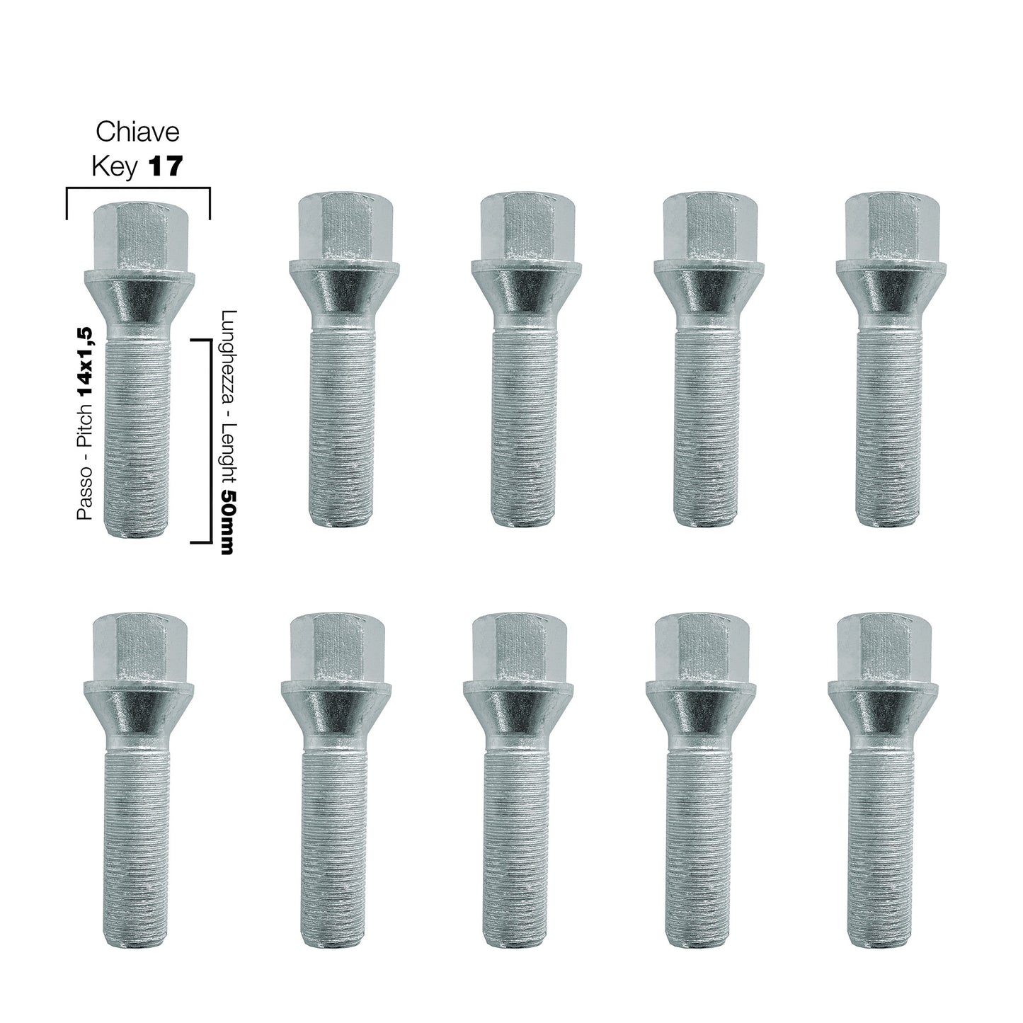 10 bulloni ch.17 14x1.5 l.50mm