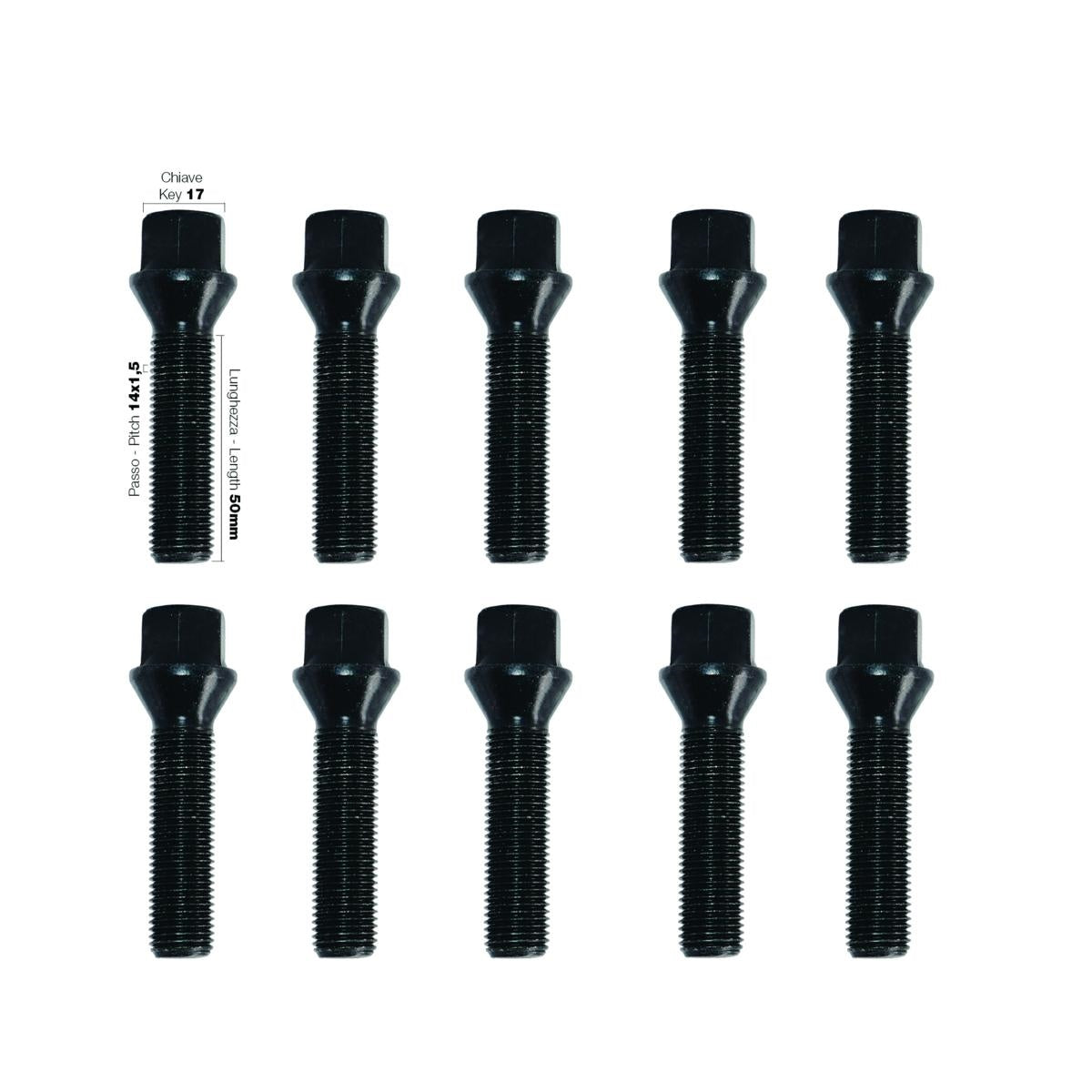 10 bulloni neri ch.17 14x1.5 l.50mm
