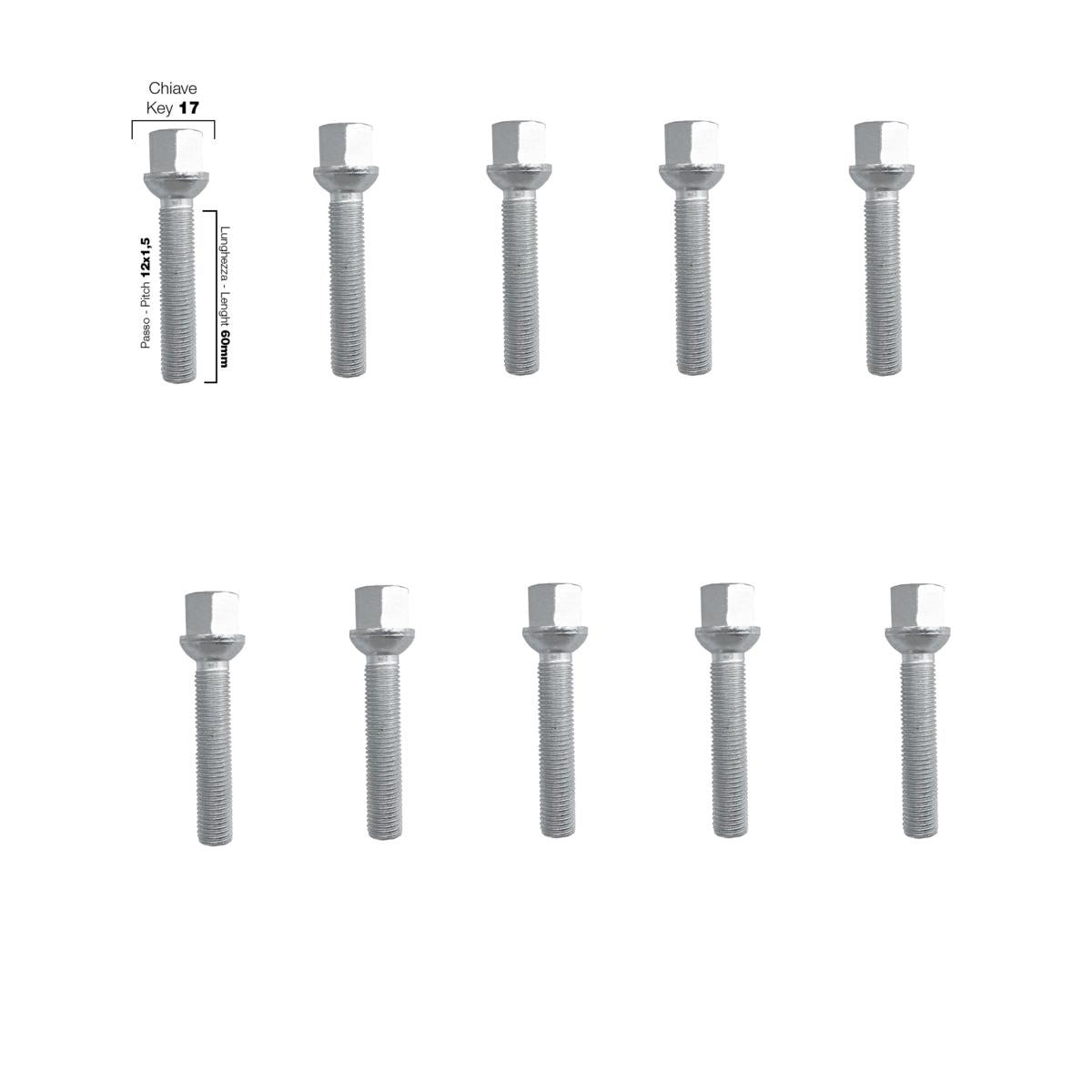10 bulloni ch.17 12x1.5 l.60mm sferici