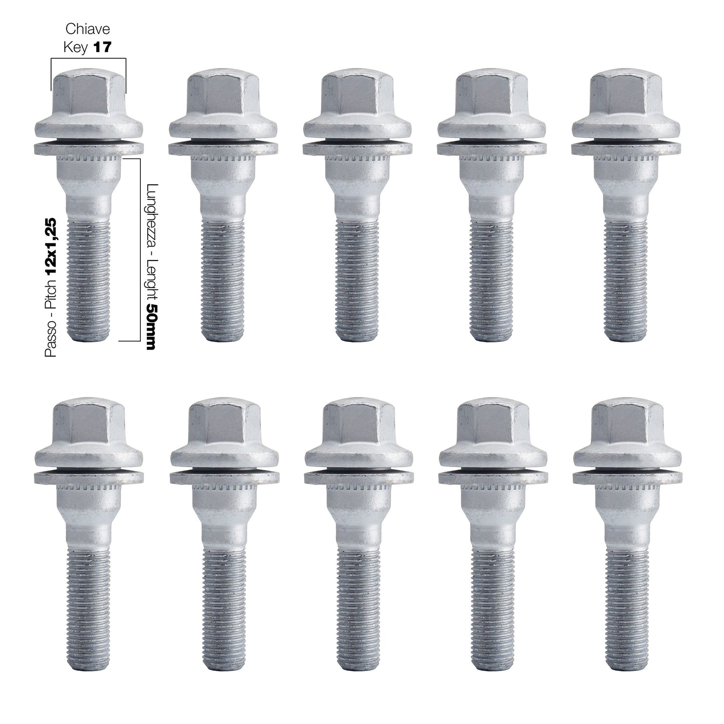 10 bulloni ch.17 12x1.25 l50 mm testa piatta