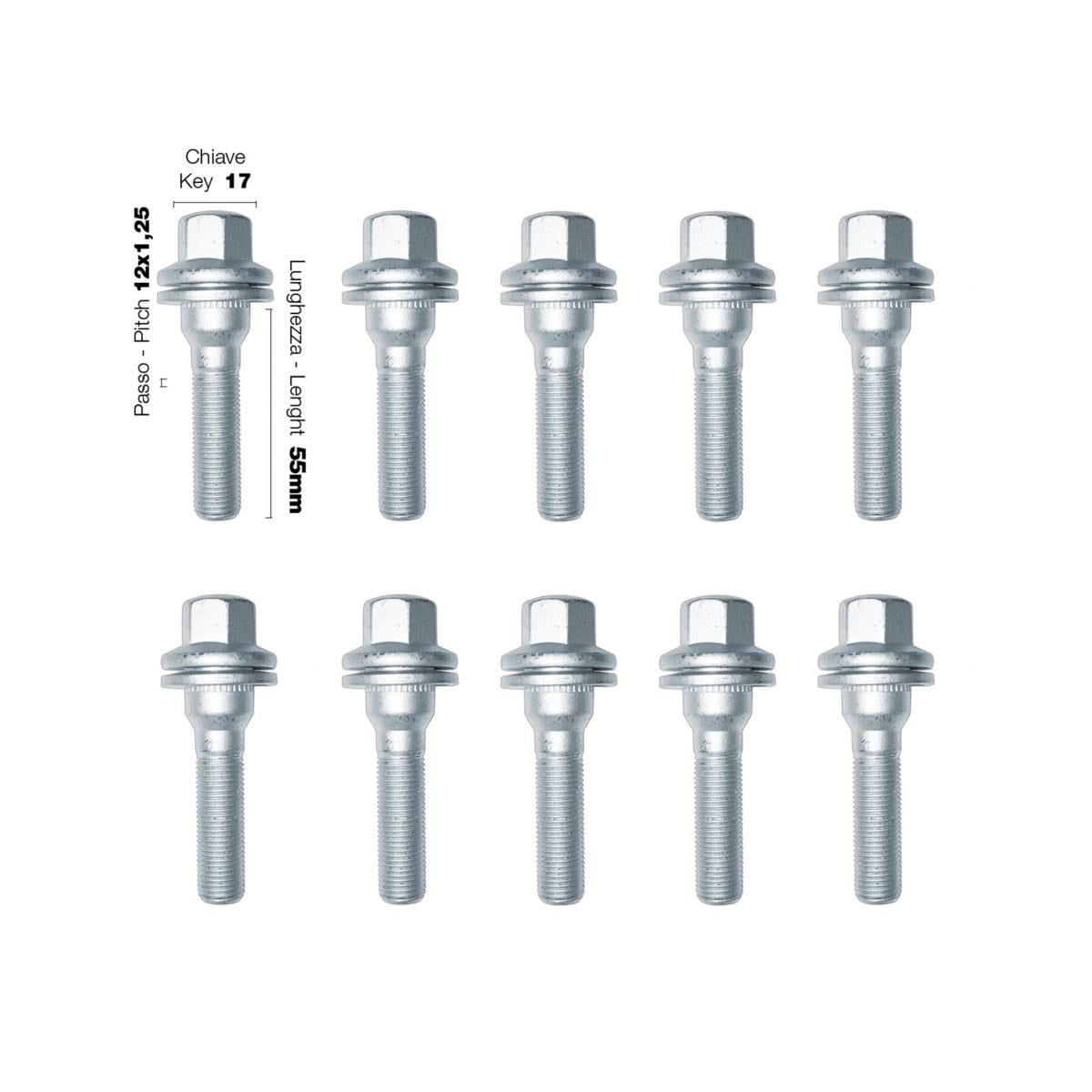 10 bulloni ch.17 12x1.25 l.55mm testa piatta