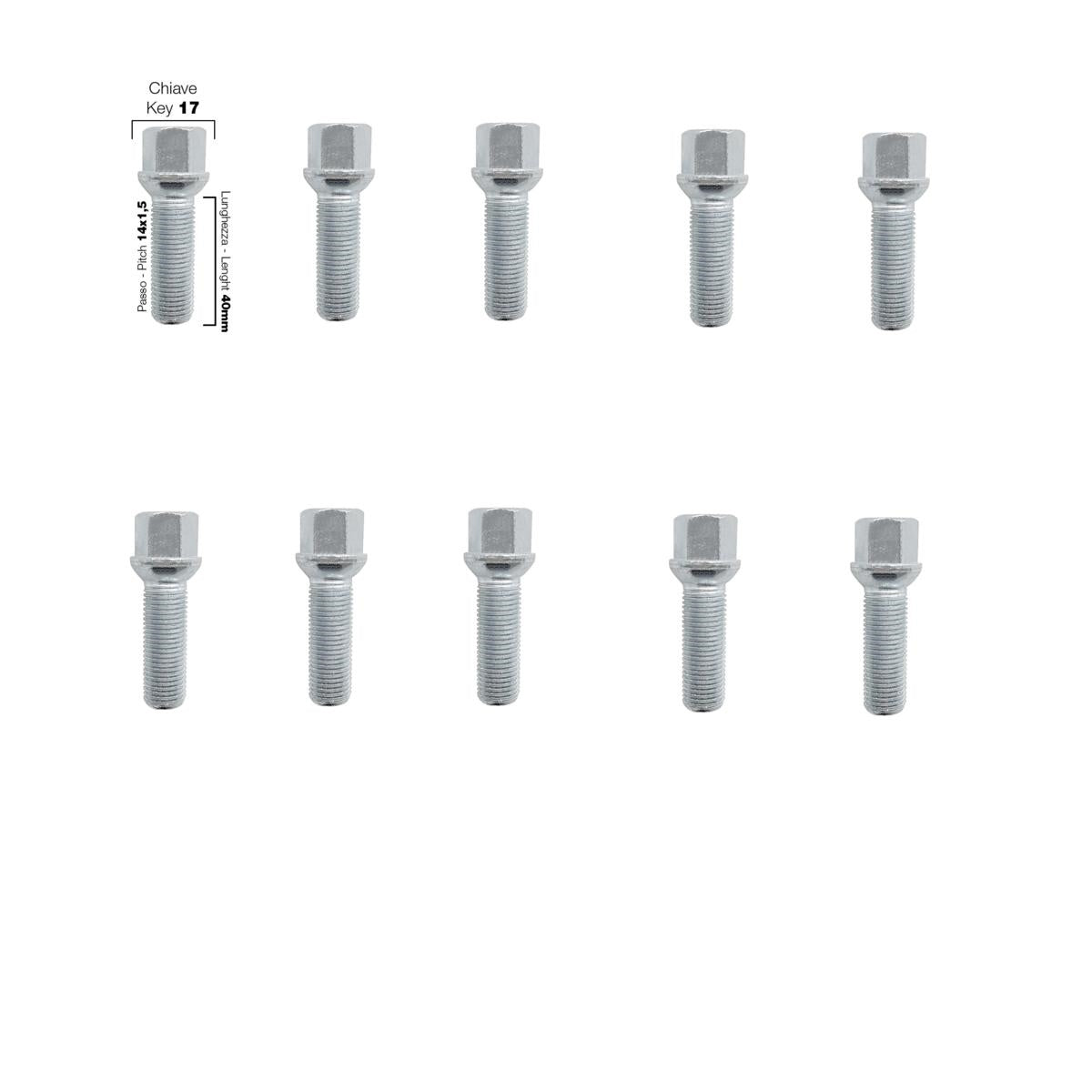 10 bulloni ch.17 14x1.5 l.40mm sferici