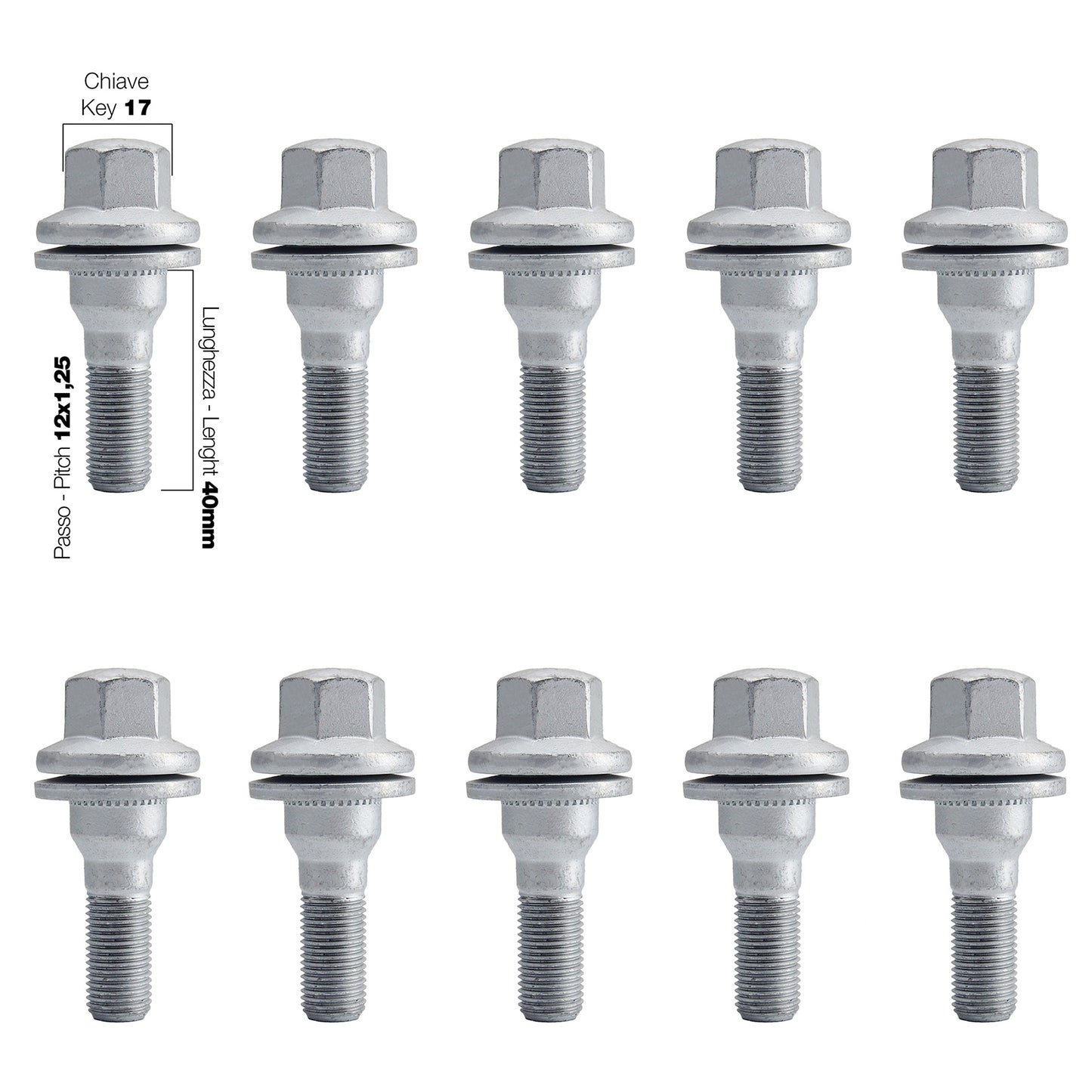 10 bulloni ch.17 12x1.25 l40 mm testa piatta