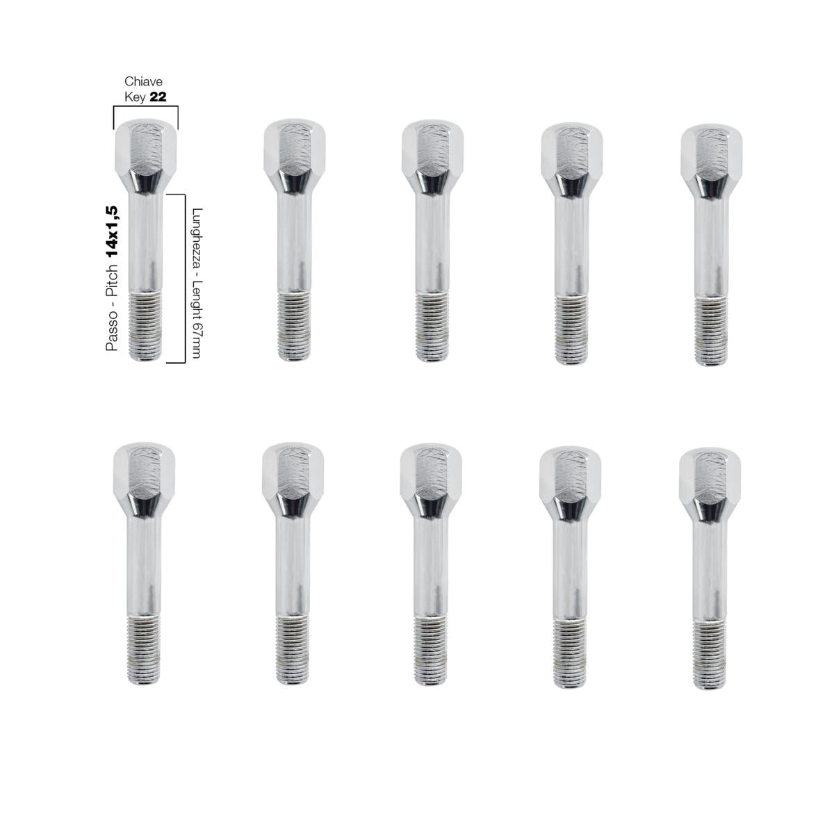 10 bulloni ch.22 14x1.5 l.67 mm