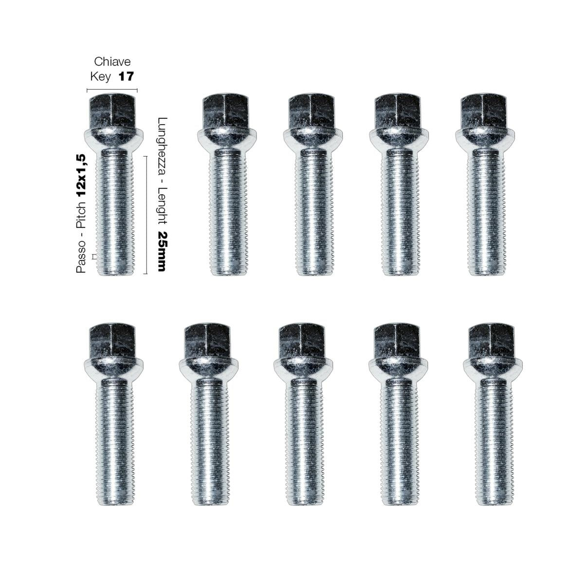 10 bulloni ch.17 12x1.5 l.25mm sferici