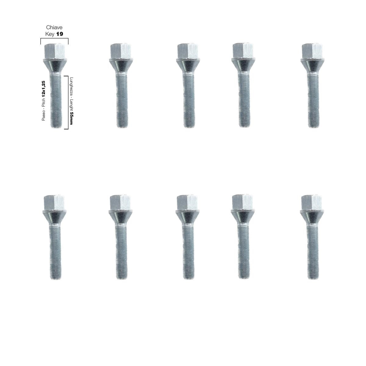 10 bulloni ch.19 12x1.25 l.55mm