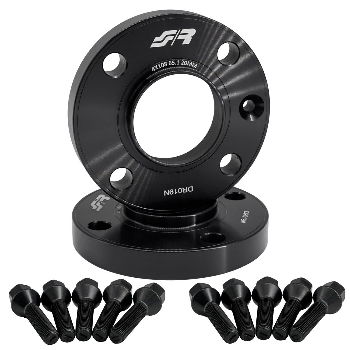 2 distanziali ruota neri 20mm 4x108 centraggio 65,1 con bull.