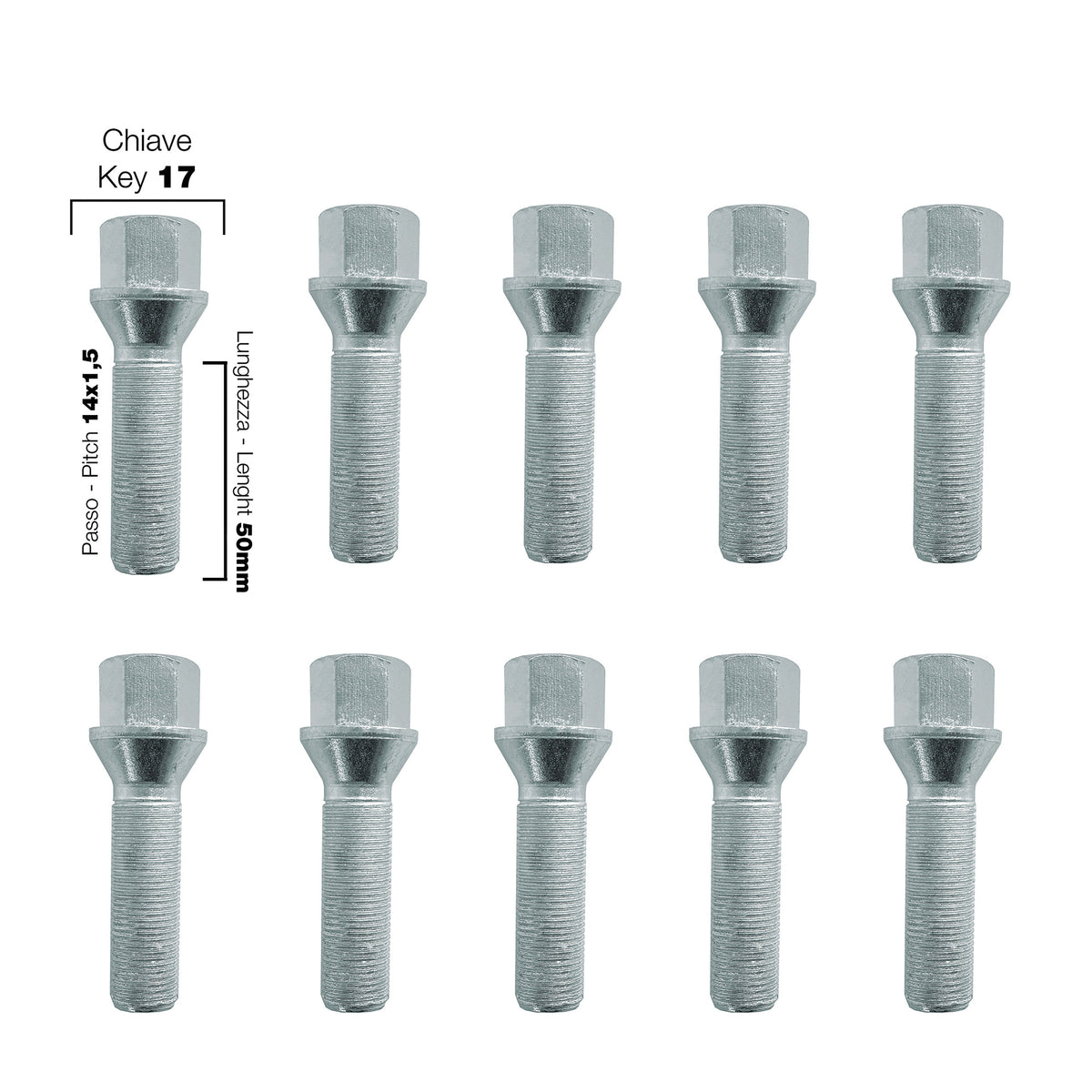 10 bulloni ch.17 14x1.5 l.50mm