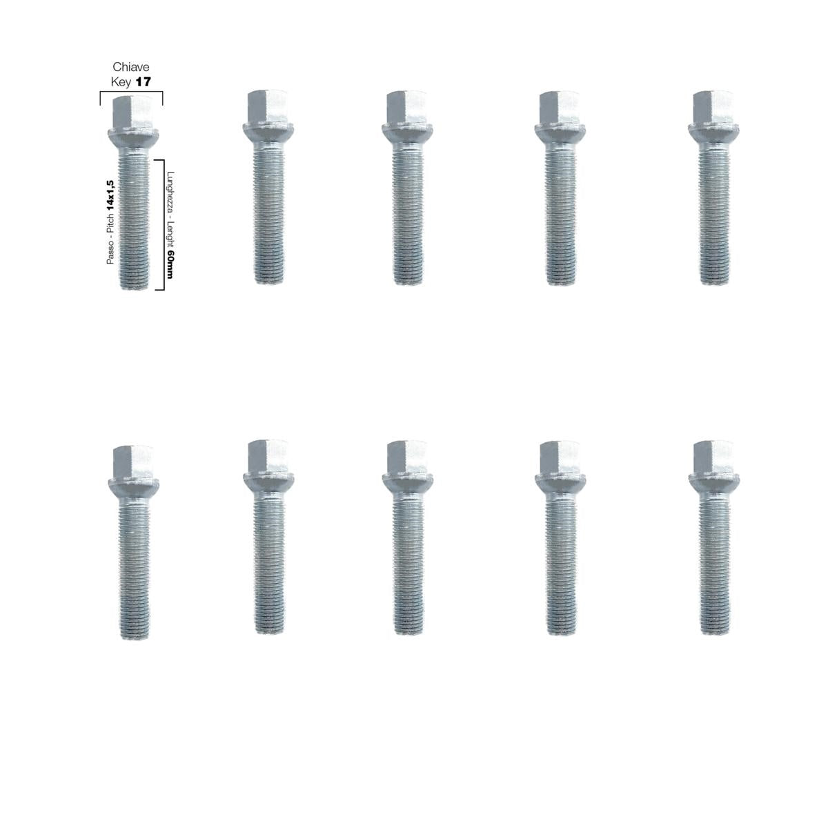 10 bulloni ch.17 14x1.5 l.60mm sferici