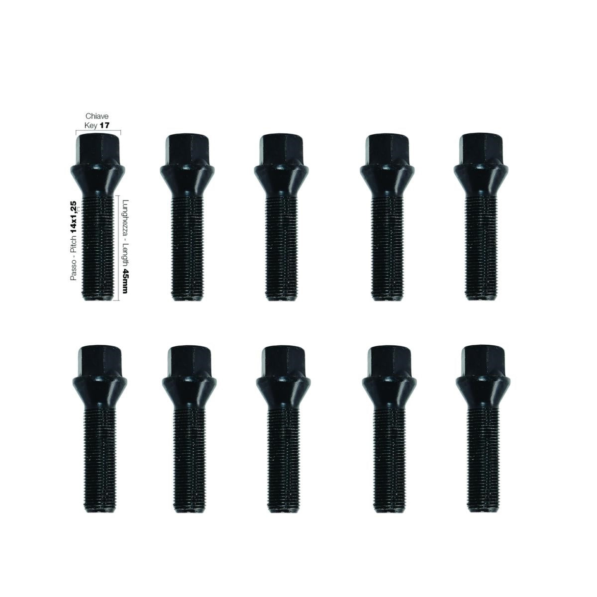 10 bulloni neri ch.17 14x1.25 l.45mm