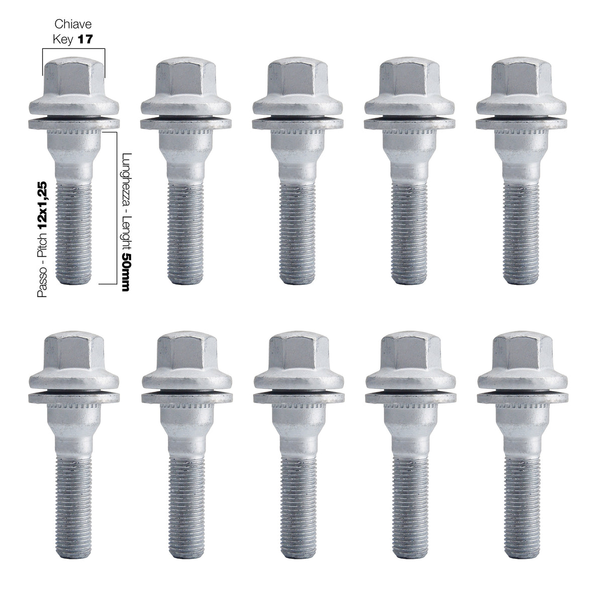 10 bulloni ch.17 12x1.25 l50 mm testa piatta