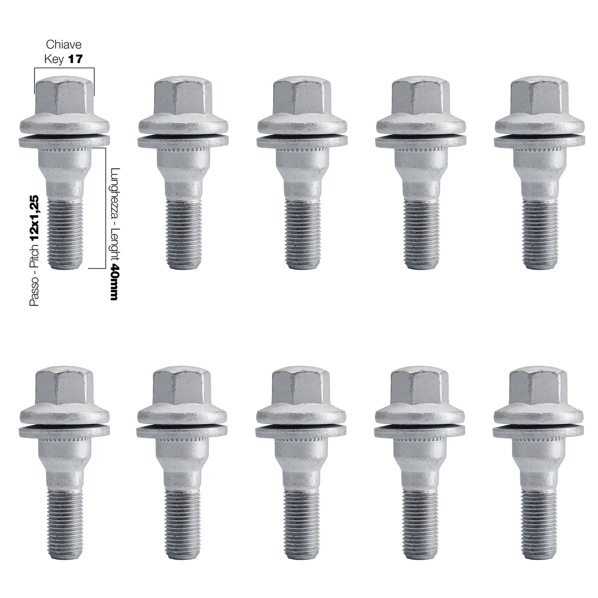 10 bulloni ch.17 12x1.25 l40 mm testa piatta