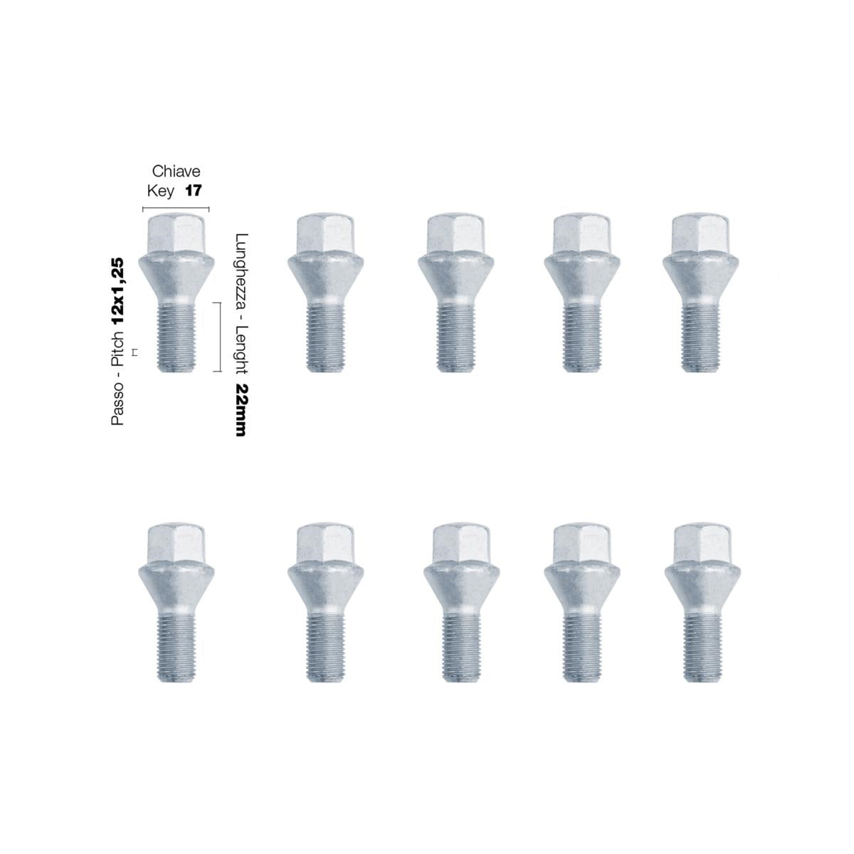 10 bulloni ch.17 12x1.25 l.22mm
