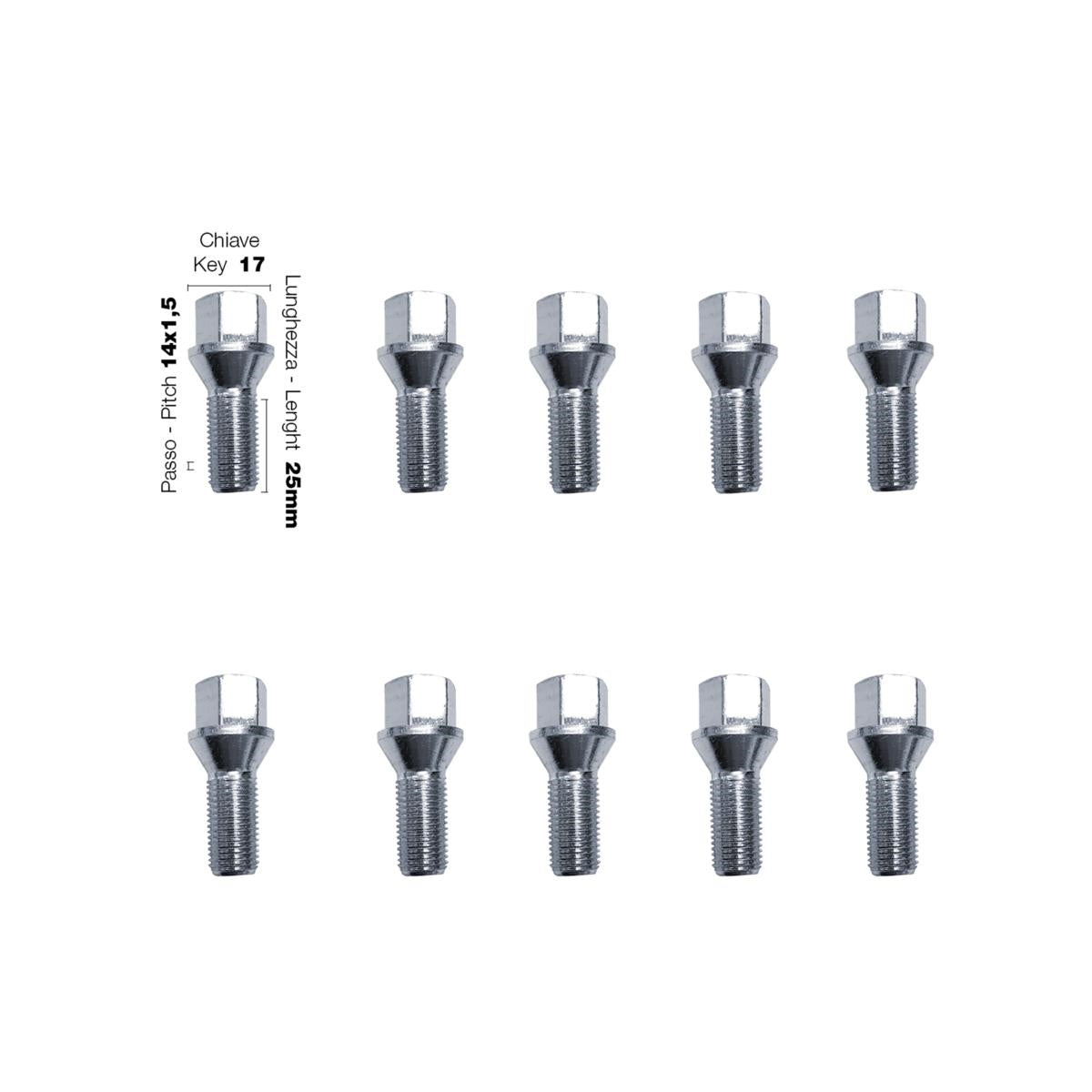 10 bulloni ch.17 14x1.5 l.25mm