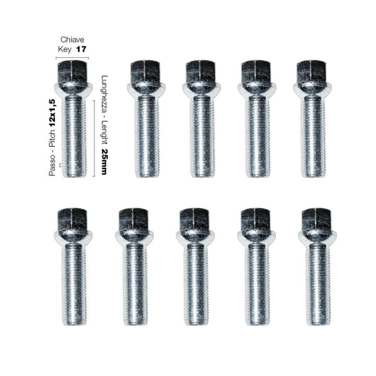 10 bulloni ch.17 12x1.5 l.25mm sferici