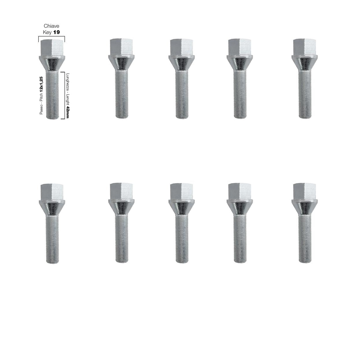 10 bulloni ch.19 12X1.25 l.42mm