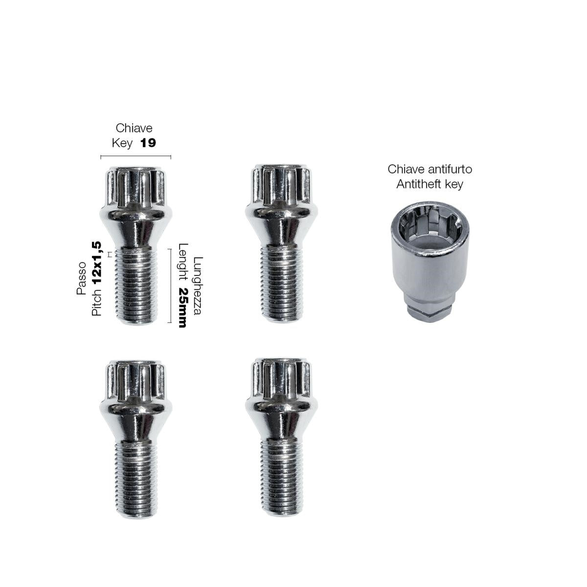 4 bulloni antifurto ch.17/19 12X1.5 l.25mm
