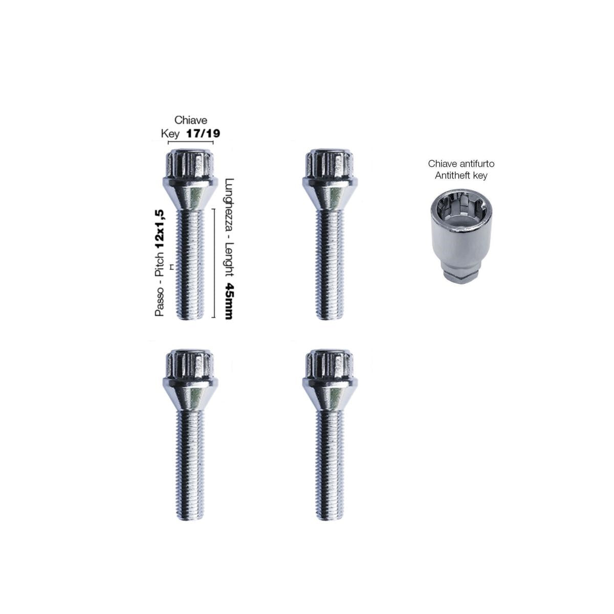4 bulloni antifurto ch.17/19 12X1.5 l.45mm