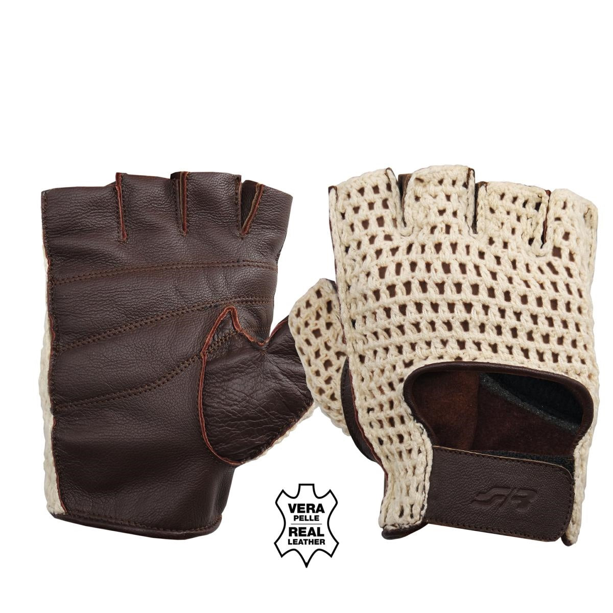 Guanti Vintage marroni con rete senza dita tg.L